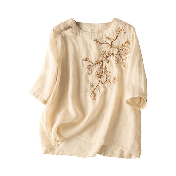 Pxiakgy Embroidered Tops for Women Loose Fit Blouses Peasant Tops Retro Embroidered 3/4 Sleeve Boho Tops Relaxed Fit Basic Tee Bohemian Tops Cotton Linen Tops Beach Travel Vacation Mexican Shirts XL