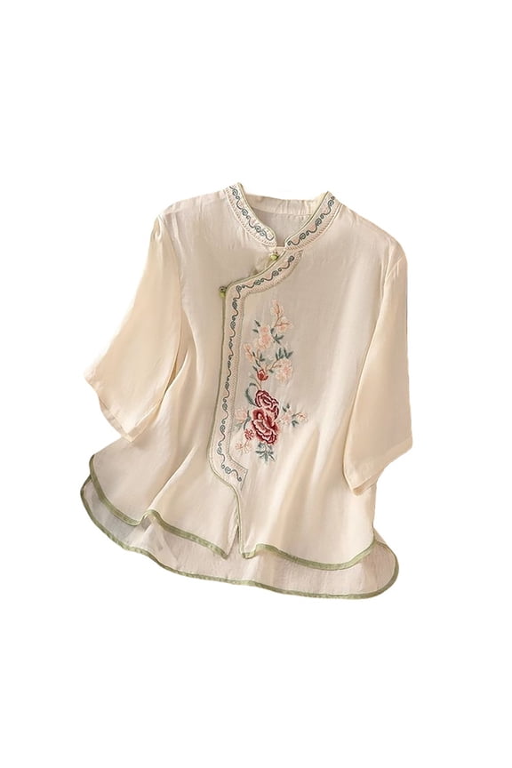 Embroidered Tops for Women Peasant Tops 3/4 Length Sleeve Womens Tops Summer Spring Blouses Breathable Top Retro Embroidered 3/4 Sleeve Boho Tops Mexican Shirts Elbow Sleeve Bohemian Tops 3XL