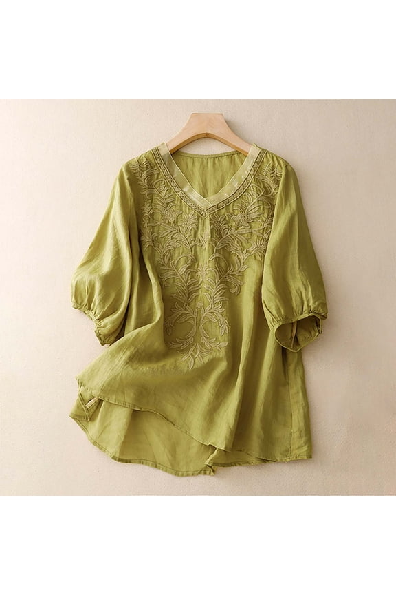 Embroidered Tops for Women Summer Spring Blouses 3/4 Length Sleeve Womens Tops Lightweight Pullover Shirt Summer Gauze Shirts Solid Color Pullover Shirts Soft Floral Top Work Tees 2XL
