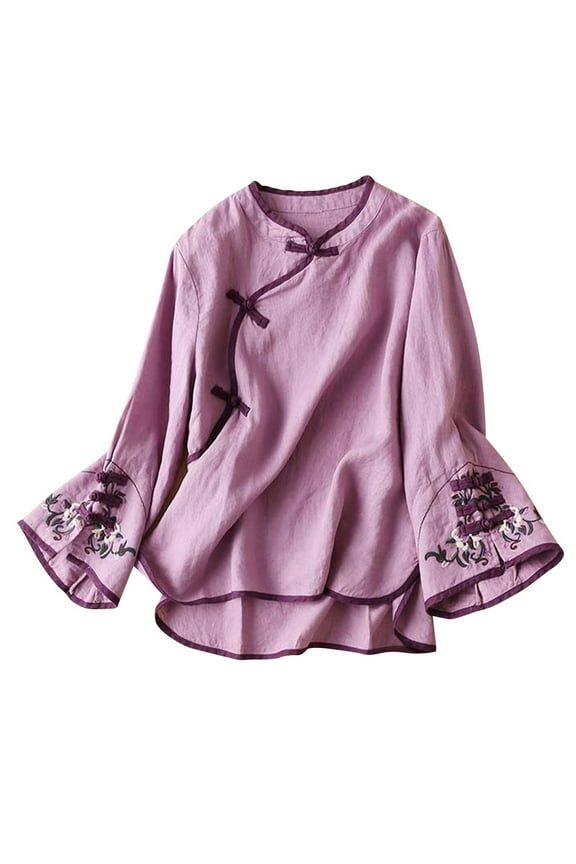 Embroidery Tops for Women Traditional Blouse Embroidery Bell Long Sleeve Shirts Vintage Floral Embroidery Cotton Linen Tops Chinese Button 3/4 Sleeve Loose Casual Blouses Shirts Purple 3Xl
