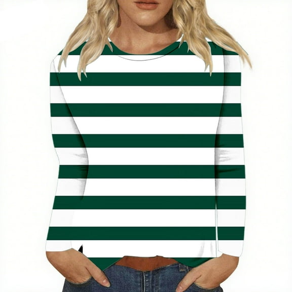 Pxiakgy Fall Shirts for Women Striped Long Sleeve Crew Neck Casual Shirts Basic Tops Womens Fall Tops Round Neck Long Sleeve Shirts Trendy Slit Loose Fit Casual Printed Blouses Pullover Green M