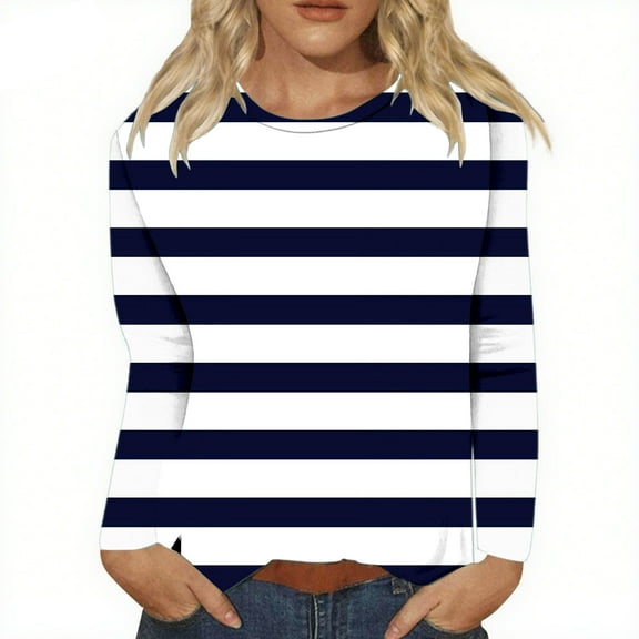 Pxiakgy Fall Shirts for Women Striped Long Sleeve Crew Neck Casual Shirts Basic Tops Womens Fall Tops Round Neck Long Sleeve Shirts Trendy Slit Loose Fit Casual Printed Blouses Pullover Navy S