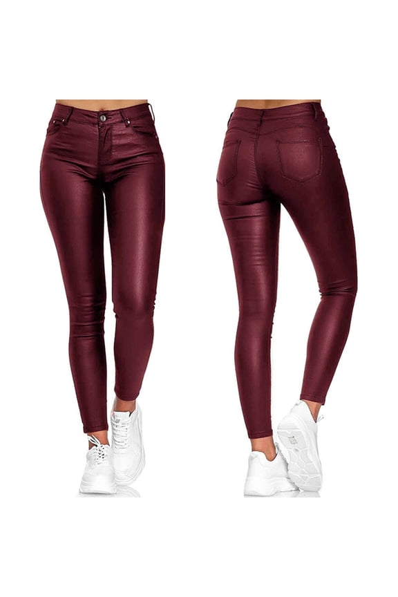 Faux Leather Leggings for Women, Black Stretch Leather Pants Ultra Stretch Comfy Pants Colored Mid-Rise Skinny Jean Jegging Women Workout Out Pant Trouser Leggings Fitness High Waist Pants So