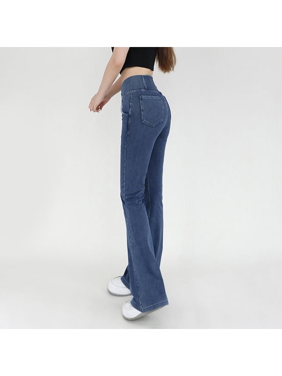 Flare Jean Leggings for Women,Bell Bottom Jeans for Women Crossover High Waisted Bootcut Jean Womens Summer Pants Womens Summer Pants V Cross Jeggings for Women Baggy Jeans for Woman Blue L