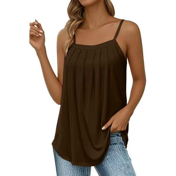 Pxiakgy Flowy Tank Top for Women Loose Fit Pleated Square Neck Shirt Curved Vest Basic Cotton Tee Pleated Spaghetti Strap Camisole Loose Fit Casual Scoop Neck Sleeveless Shirts 2025 Brown 3Xl