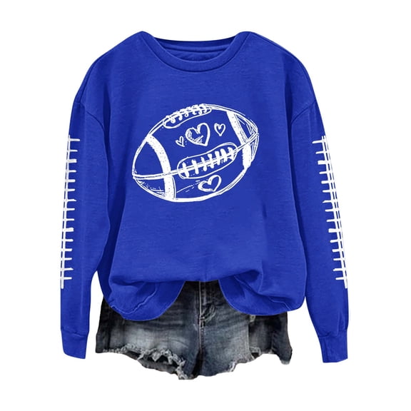 Pxiakgy Football Sweatshirts for Women Graphic Game Day Sweatshirt Long Sleeve Crewneck Pullover Tops Baseball Sweatshirt American Football Print Solid Color Round Neck Ladies Sweatshirt Blue S
