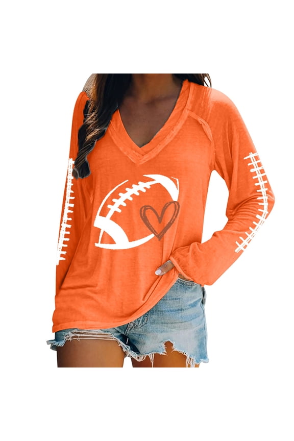 Game Day Shirts Women Football Graphic Shirts Gameday Football Season Shirt Team Fan Long Sleeve Tops Women's Football Lover Casual V Neck Long Sleeve T Shirt Orange Xl