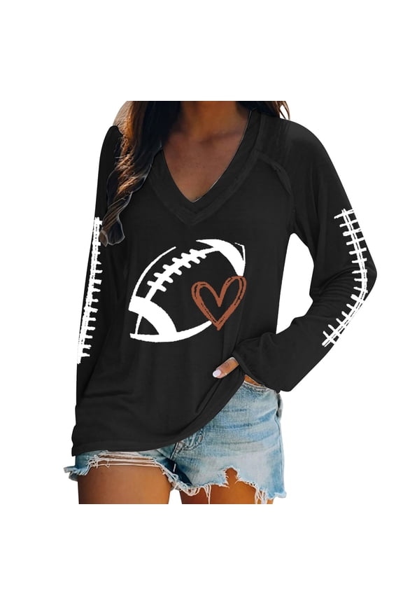 Game Day Shirts Women Football Graphic Shirts Gameday Football Season Shirt Team Fan Long Sleeve Tops Women's Football Lover Casual V Neck Long Sleeve T Shirt Black Xl
