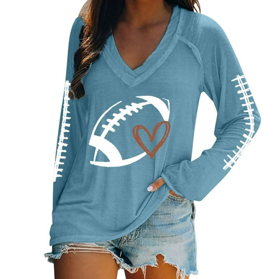 Pxiakgy Game Day Shirts Women Football Graphic Shirts Gameday Football Season Shirt Team Fan Long Sleeve Tops Women's Football Lover Casual V Neck Long Sleeve T Shirt Light Blue Xxl