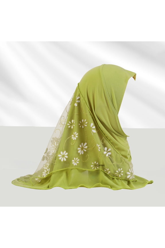 Girls Ice Silk Muslim Khimar Hijab Headscarf Flower Arab Scarf Shawls Neck Wrap Islamic Head Wrap for Age 2-7 Years Girls/Children Hijab Scarf Headscarf Wrap Muslim Amira Green One Size