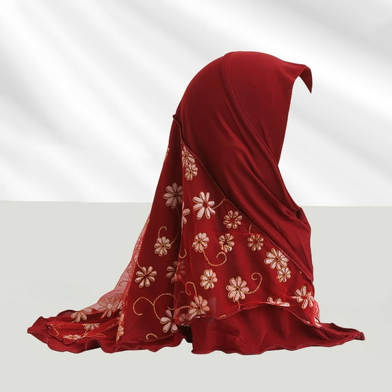 Pxiakgy Girls Ice Silk Muslim Khimar Hijab Headscarf Flower Arab Scarf Shawls Neck Wrap Islamic Head Wrap for Age 2-7 Years Girls/Children Hijab Scarf Headscarf Wrap Muslim Amira Wine One Size