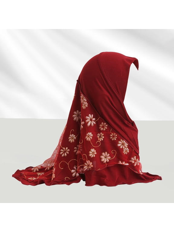 Girls Ice Silk Muslim Khimar Hijab Headscarf Flower Arab Scarf Shawls Neck Wrap Islamic Head Wrap for Age 2-7 Years Girls/Children Hijab Scarf Headscarf Wrap Muslim Amira Wine One Size