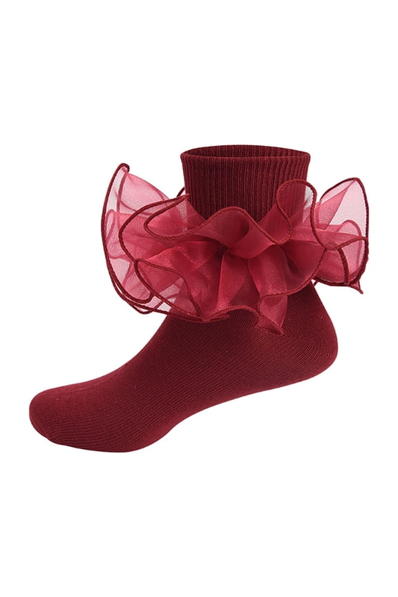Girls Ruffle Socks Toddler Girl Frilly Dress Socks Double Lace Big Ruffles Fold Over Church Fancy Sock for Baby Kids Children's Socks with Lace Ankle Socks Dance Cute Sock Wine S