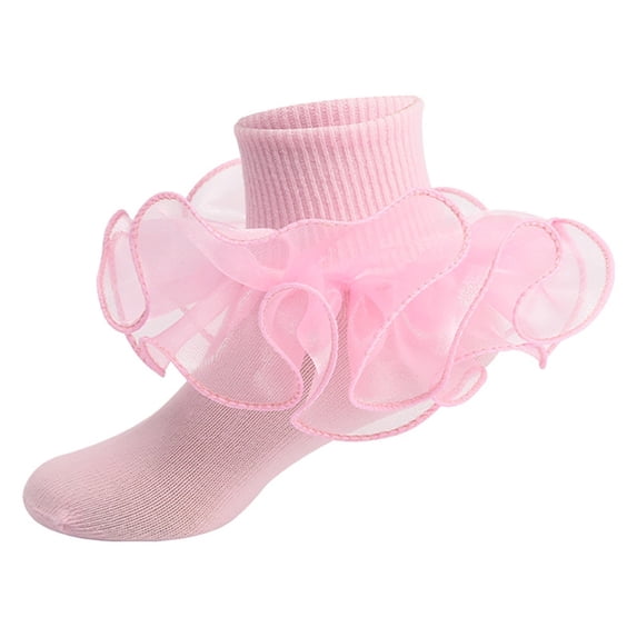 FUNUONY Girls Ruffle Socks Toddler Girl Frilly Dress Socks Double Lace Big Ruffles Fold Over Church Fancy Sock for Baby Kids Children's Socks with Lace Ankle Socks Dance Cute Sock Pink S