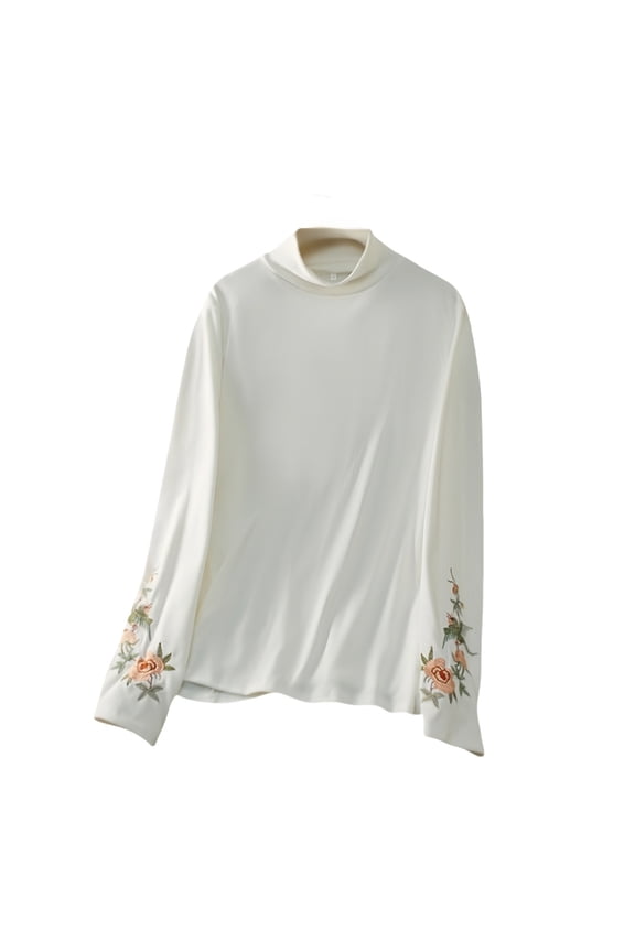 Going Out Tops for Women,Knitted Vintage Floral Print Long Sleeve Mock Neck Going Out Slim Fitted Fall Winter Trendy Tops Flower Embroidery Shirt Lined Shirt Standing Collar White 3Xl