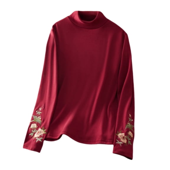 Pxiakgy Going Out Tops for Women,Knitted Vintage Floral Print Long Sleeve Mock Neck Going Out Slim Fitted Fall Winter Trendy Tops Flower Embroidery Shirt Lined Shirt Oriental Standing Collar Red M