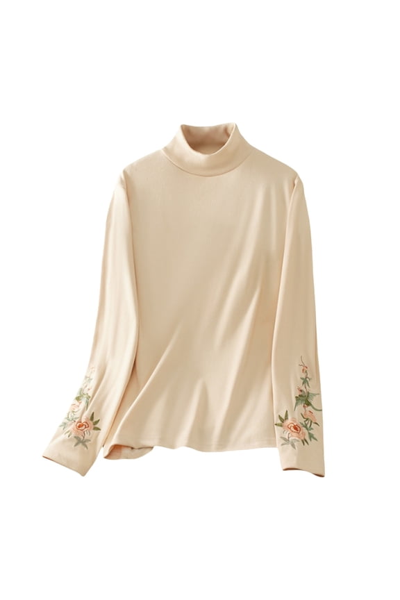 Going Out Tops for Women,Knitted Vintage Floral Print Long Sleeve Mock Neck Going Out Slim Fitted Fall Winter Trendy Tops Flower Embroidery Shirt Lined Shirt Standing Collar Beige 3Xl