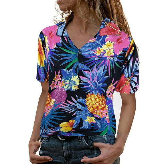 Pxiakgy Hawaiian Shirt for Women Soft Cool Summer V Neck T-Shirt Flowers Leaves Blouse Pineapple Shirt Frontpocket Print Shirts Floral Tropic Print V Neck T-Shirt Short Sleeve Button Up Tops Blue Xl