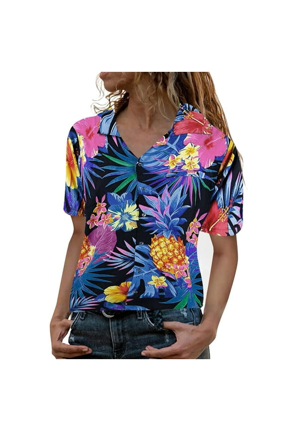 Hawaiian Shirt for Women Soft Cool Summer V Neck T-Shirt Flowers Leaves Blouse Pineapple Shirt Frontpocket Print Shirts Floral Tropic Print V Neck T-Shirt Short Sleeve Button Up Tops Blue M
