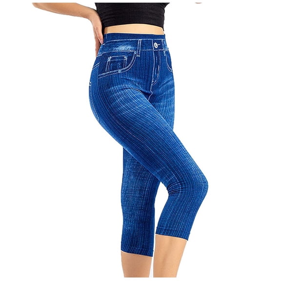 Pxiakgy Hot Sale!! Capri Jeans for Women High Waist Pull On Jeggings for Women Tummy Control Stretchy Jeans Capris Waist Elastic Jeans Leggings High Leggings Women's Imitation Pants Blue Xl