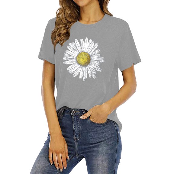 Pxiakgy Hot Sale!! Short Sleeve T Shirt for Women Trendy Sunmmer 2025 New Women's Spring Round Neck Flower Printed Loose Casual Short Sleeve T Shirt Grey M