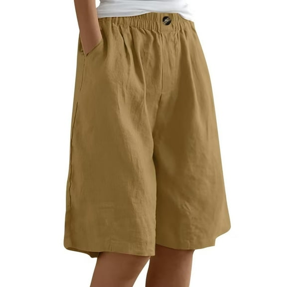 Pxiakgy Hot Sale!! Women's Bermuda Linen Shorts Knee Length Long Comfy Drawstring Walking Shorts for Women with Deep Pockets Summer Cotton Linen Shorts Loose Fit Elastic Waist Casual Beach Shorts