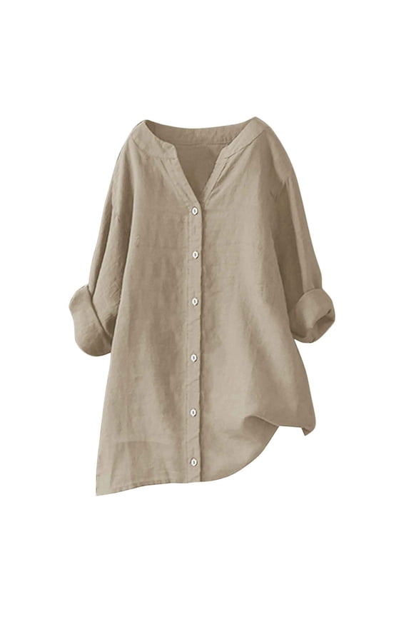 Hot Sale!! Women's Linen Button Down Shirts Long Sleeve V Neck Cotton Gauze Tops Casual Collared Blouses Loose Fit Muslin Elegant Plain T Shirt V Neck Summer Shirt Oversize Tops Khaki Xxl