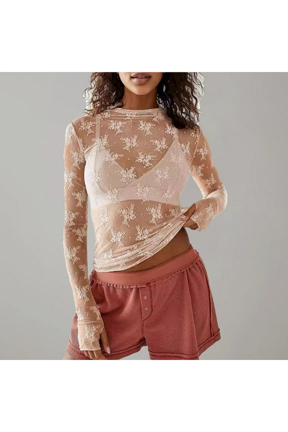 Hot Sale!! Women's Long Sleeve Lace Mesh Sheer Layering Top Mock Neck Floral See Through Shirt Blouse Lace Undershirt Lace Tops for Women Mesh Top Thumb Hole See Through Pullover Blouses A S