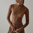 thumbnail image 1 of Pxiakgy Hot Sale!! Women's Long Sleeve Lace Mesh Sheer Layering Top Mock Neck Floral See Through Shirt Blouse Mesh Top Thumb Hole See Through Pullover Blouses Brown L, 1 of 4