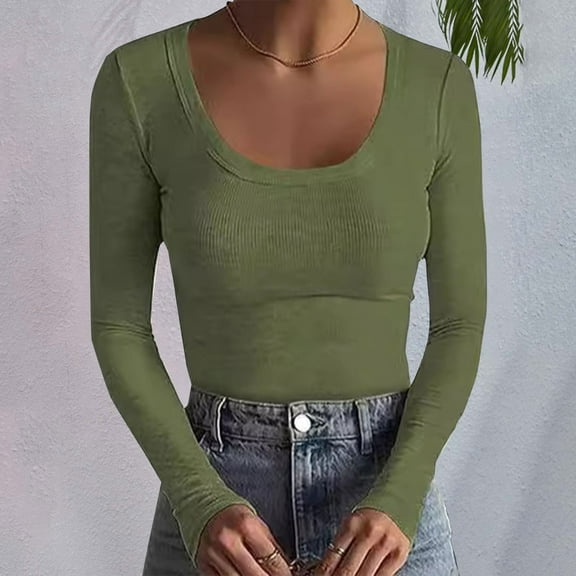 Pxiakgy Hot Sale!! Women's Scoop Neck Casual Ribbed T Shirt Long Sleeve Stretch Slim Fitted Basic Shirts Womens Neck Casual Ribbed T Shirt Long Sleeve Stretch Slim Basic Shirts Green S