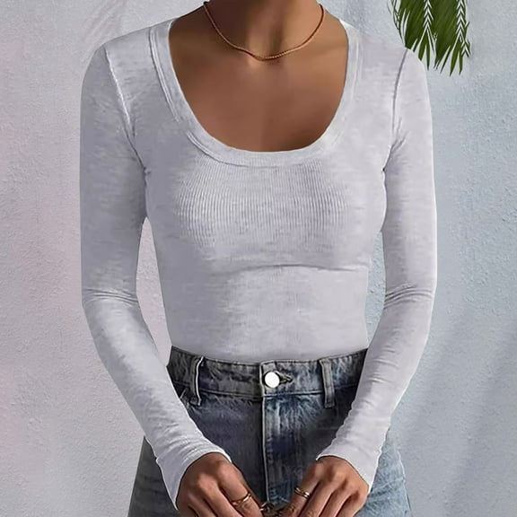 Pxiakgy Hot Sale!! Women's Scoop Neck Casual Ribbed T Shirt Long Sleeve Stretch Slim Fitted Basic Shirts Womens Neck Casual Ribbed T Shirt Long Sleeve Stretch Slim Basic Shirts Grey Xxl