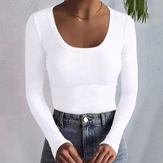 Pxiakgy Hot Sale!! Women's Scoop Neck Casual Ribbed T Shirt Long Sleeve Stretch Slim Fitted Basic Shirts Womens Neck Casual Ribbed T Shirt Long Sleeve Stretch Slim Basic Shirts White S