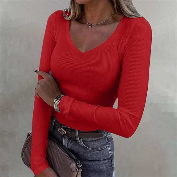 Pxiakgy Hot Sale!! Womens Long Sleeve V Neck Ribbed Knit Fitted Casual Tops Tee Slim Basic Shirt Womens Long Sleeve V Neck Ribbed Knit Casual Tops Tee Slim Basic Shirt Red S
