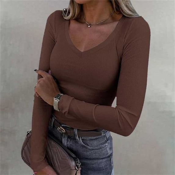 Pxiakgy Hot Sale!! Womens Long Sleeve V Neck Ribbed Knit Fitted Casual Tops Tee Slim Basic Shirt Womens Long Sleeve V Neck Ribbed Knit Casual Tops Tee Slim Basic Shirt Brown Xl