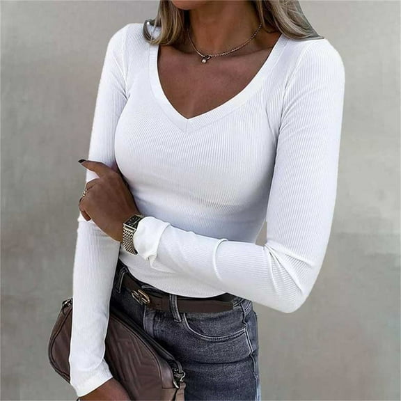 Pxiakgy Hot Sale!! Womens Long Sleeve V Neck Ribbed Knit Fitted Casual Tops Tee Slim Basic Shirt Womens Long Sleeve V Neck Ribbed Knit Casual Tops Tee Slim Basic Shirt Wh1 S