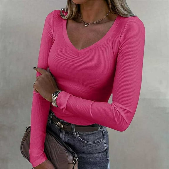 Pxiakgy Hot Sale!! Womens Long Sleeve V Neck Ribbed Knit Fitted Casual Tops Tee Slim Basic Shirt Womens Long Sleeve V Neck Ribbed Knit Casual Tops Tee Slim Basic Shirt Hot Pink L