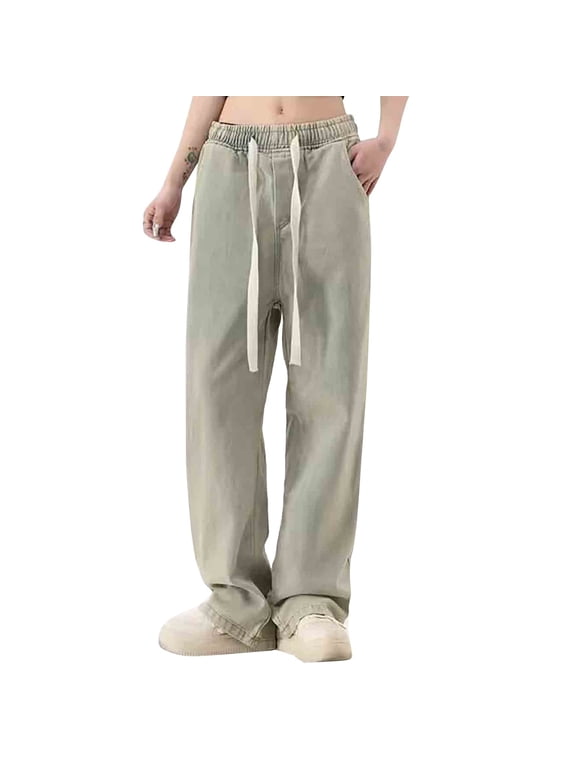 Hot Sale!! Womens Loose Fit Jeans Elastic Waist Wide Leg Baggy Jean Drawstring Cargo Pants Trousers High Waist Straight Jeans Pants,Vintage Wide Leg,Casual Baggy Ripped Denim Trouser Yellow M