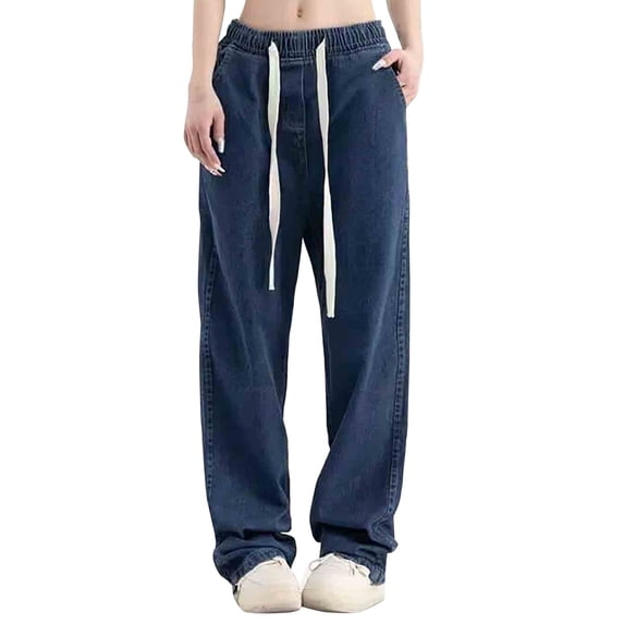 Pxiakgy Hot Sale!! Womens Loose Fit Jeans Elastic Waist Wide Leg Baggy Jean Drawstring Cargo Pants Trousers High Waist Straight Jeans Pants,Vintage Wide Leg,Casual Baggy Ripped Denim Trouser Bu2 Xxl