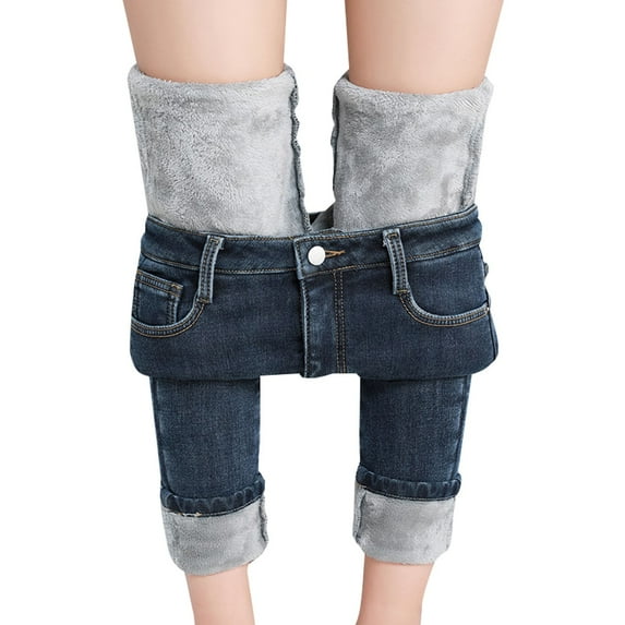 Pxiakgy Jeans for Women High Waisted Pull On Fleece Lined Leggings Stretchy Denim Skinny Jeggings Thermal Winter Pants Thick Slim Fit Warm Jeggings Dark blue L