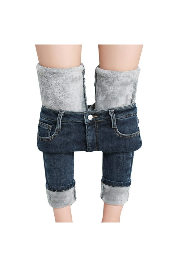 Jeans for Women High Waisted Pull On Fleece Lined Leggings Stretchy Denim Skinny Jeggings Thermal Winter Pants Thick Slim Fit Warm Jeggings Dark blue L