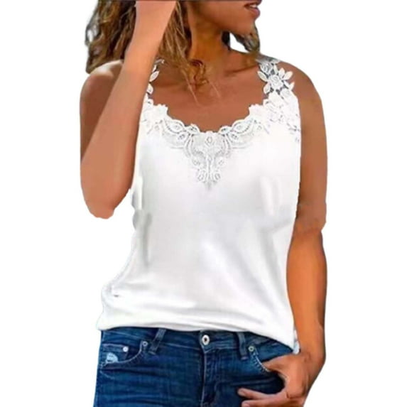 Pxiakgy Lace Trimmed Camisole Tank Tops for Women Solid Tank Vest Sleeveless Tops V Neck Wide Strap Soft Ribbed Lace Trim Cami Sleeveless Summer Going Out Tops Ribbed Cami Tank Top White M
