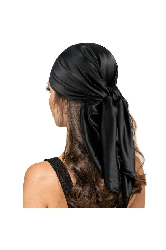 Large Square Satin Head Scarf - Silk Hair Scarf Square Hair Bandanas Large Scarf Sleeping Head Wraps for Women Solid Satin Square Head Scarf Lightweight Neck Scarves Hair Neckerchief Black