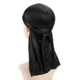 thumbnail image 1 of Pxiakgy Large Square Satin Head Scarf, Silk Shiny Solid Color Scarves, Sleeping Wraps for Women Hair Bandana Foldable Long Stretchy Tail and Wide Straps Loss Caps Hat Black, 1 of 3