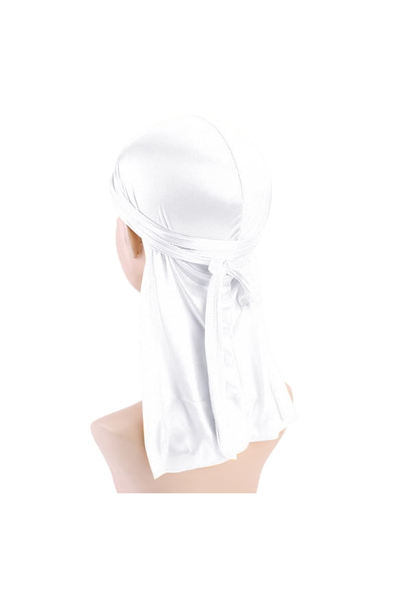 Large Square Satin Head Scarf, Silk Shiny Solid Color Scarves, Sleeping Wraps for Women Hair Bandana Foldable Long Stretchy Tail and Wide Straps Loss Caps Hat White