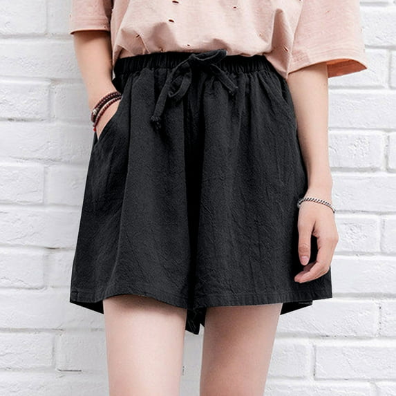 Pxiakgy Linen Beach Vacation Shorts for Women Casual Summer Outfits High Waisted Lounge Comfy Wide Leg Loose 2025 Summer Drawstring Ruffle Solid Color Casual Beach Shorts Cotton And Shorts Casual Lar