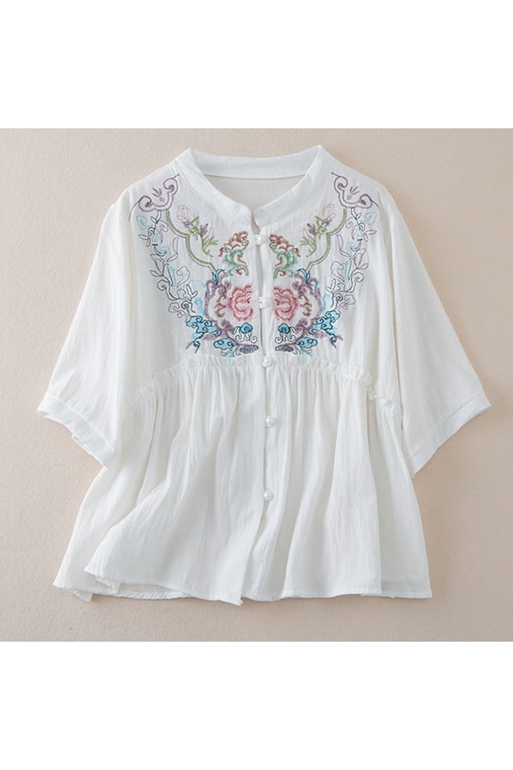 Linen Blouse for Women Cotton Linen Tops 3/4 Length Sleeve Womens Tops Retro Embroidered 3/4 Sleeve Boho Tops 3/4 Length Sleeve Shirts Dressy Casual Blouses Breathable Bohemian Tops 3XL