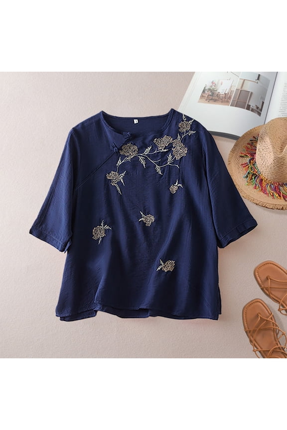 Linen Blouse for Women Summer Spring Blouses Cotton Linen Tops Soft Floral Top Elbow Sleeve Dressy Casual Blouses Peasant Tops Boho Shirts Loose Fit Blouses Relaxed Fit Basic Tee 3XL