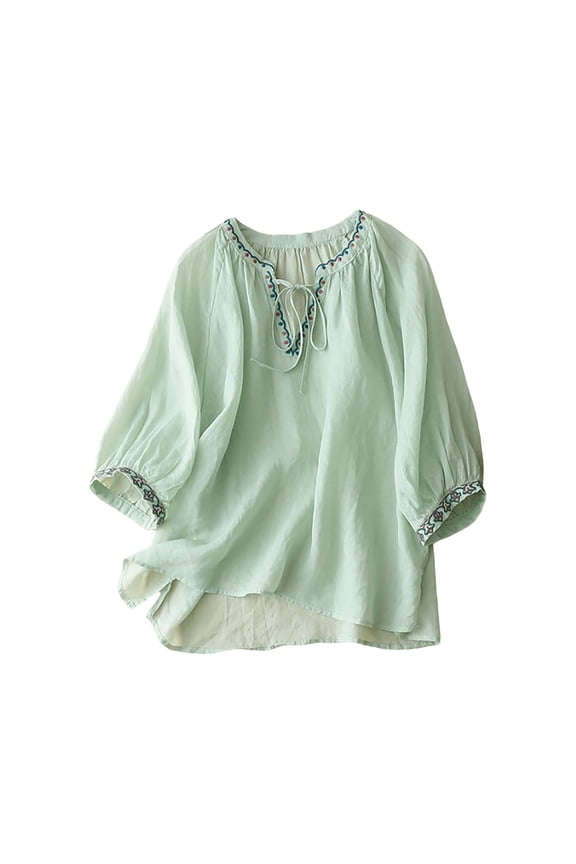 Linen Blouses for Women Embroidered Boho Tunic Top Festival Casual Loose T Shirt Half Sleeve Top Elbow Length Blouses Fashionable Casual Solid Color Cotton and Linen Top Shirt T Shirt Green L