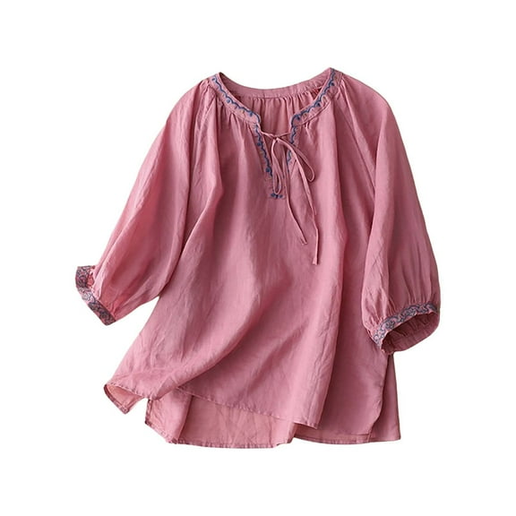 Pxiakgy Linen Blouses for Women Embroidered Boho Tunic Top Festival Casual Loose T Shirt Half Sleeve Top Elbow Length Blouses Fashionable Casual Solid Color Cotton and Linen Top Shirt T Shirt Red L