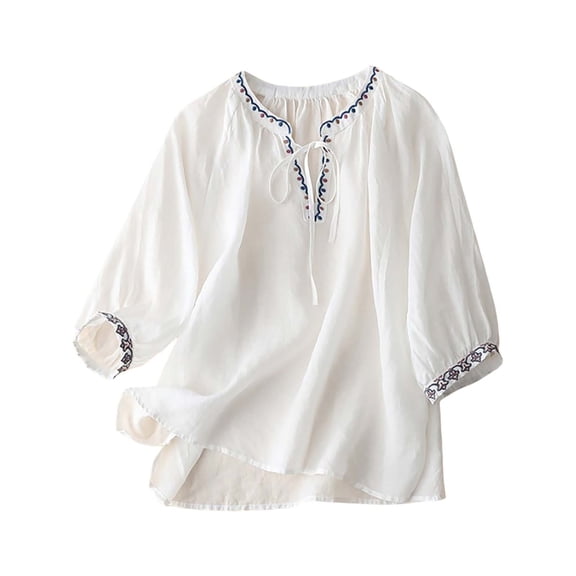 Pxiakgy Linen Blouses for Women Embroidered Boho Tunic Top Festival Casual Loose T Shirt Half Sleeve Top Elbow Length Blouses Fashionable Solid Color Cotton and Linen Top Shirt T Shirt White 3Xl